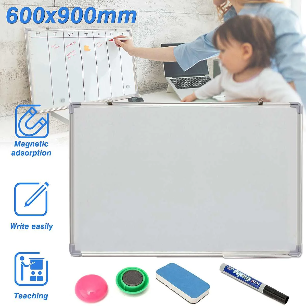 KICUTE 600x900MM Magnetic Whiteboard Writing Board Double Side With Pen Erase Magnets Buttons For Office School