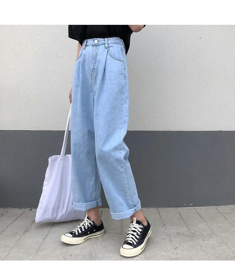 

Spring and autumn loose high-waisted jeans women's elastic waist light-colored drape straight-leg pants women's wide leg jeans