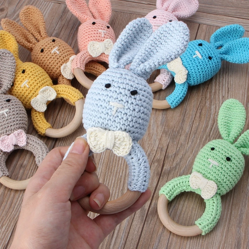 

Baby Bunny Ear Teether Wooden Teething Ring Newborn Sensory Toy Shower Gift