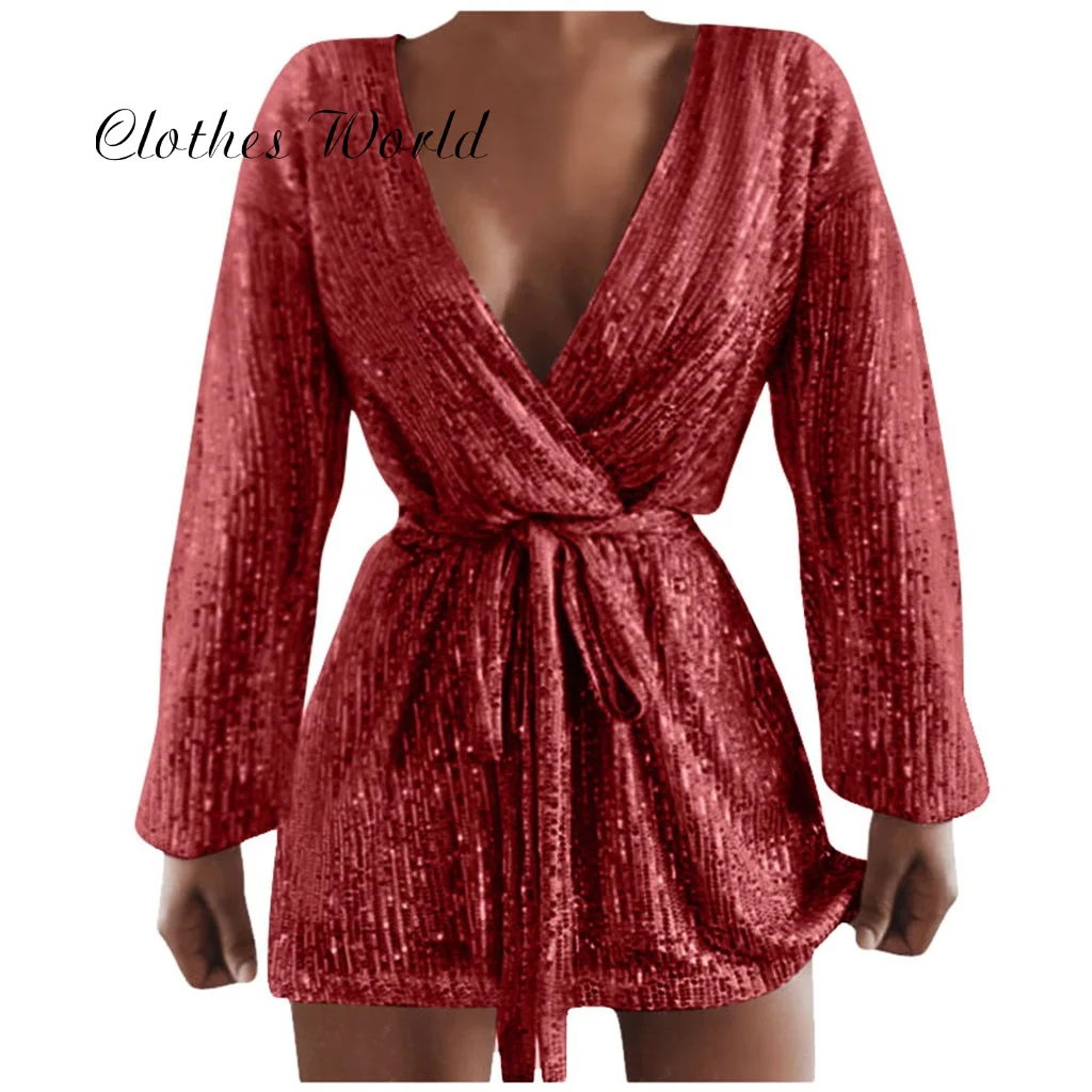 Women Sexy Dress Club Tie Up V Neck Glitter Sequin Evening Mini Cocktail Wrap vestidos de fiesta noche платье женское | Женская