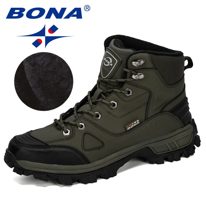Army green gray BONA/Новинка года; Дизайнерская обувь из натуральной кожи для пеших прогулок; Мужская зимняя уличная спортивная тактическая обувь для охоты; плюшевая теплая обувь - Цвет: Army green gray