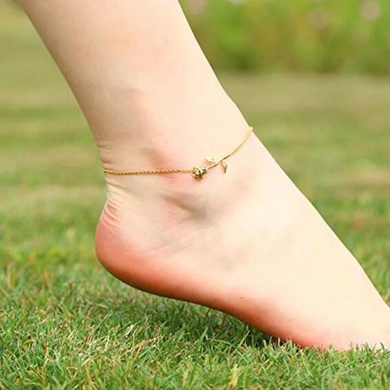

Bohemia Rose Flower Anklet Gold Silver Color Leg Chain Elegant Simple Foot Jewelry Party Beach Gifts Bracelet Anklet for Women
