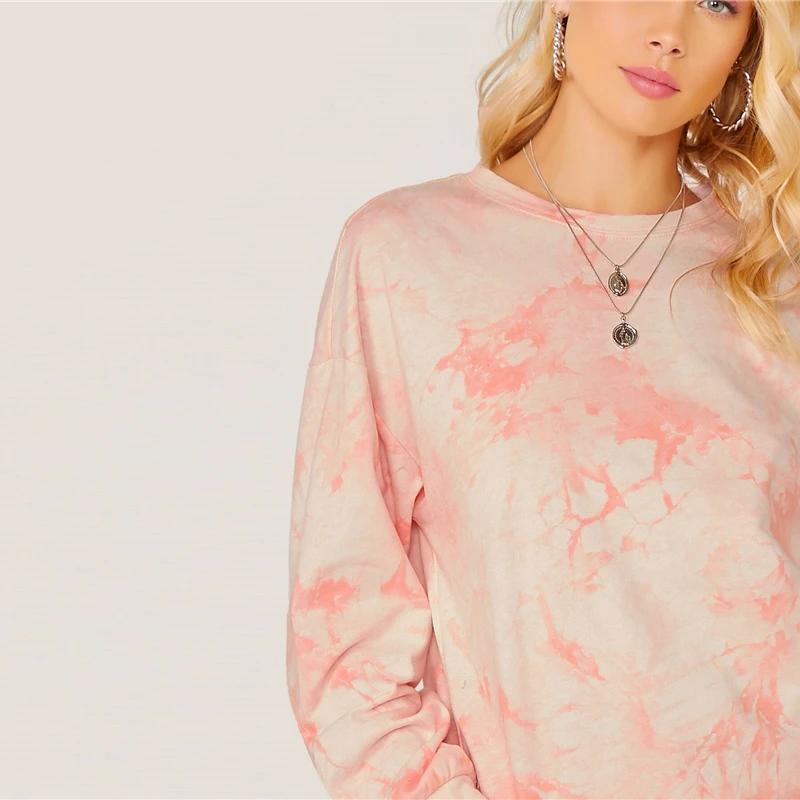 SHEIN Пастельная розовая толстовка с открытыми плечами и галстуком-красителем топы, пуловер для женщин, осенние базовые Женские повседневные толстовки с длинными рукавами