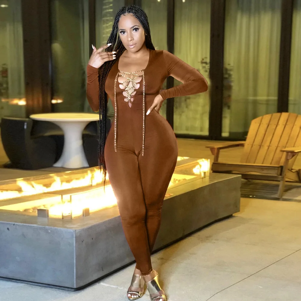 

FNOCE women's jumpsuits 2020 winter fashion trends sexy nightclub solid long sleeve lace up v-neck tight stretch full jumpsuits