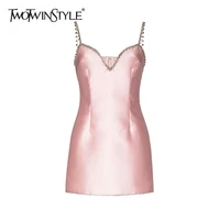 twotwinstyle sexy patchwork diamonds dress for women v neck sleeveless high waist mini dresses females summer fashion 2021 style