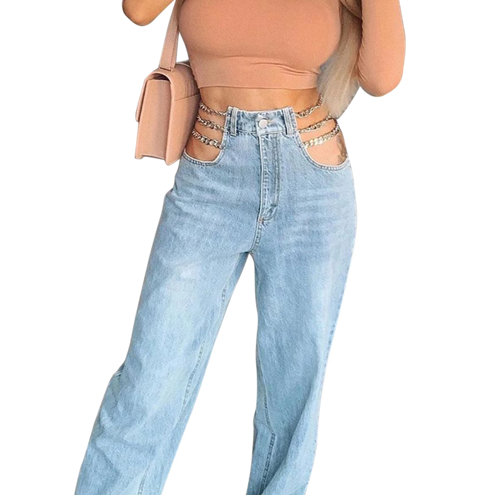 

Джинсы женские прямые, с цепочкой и высокой талией, для вечевечерние, шоппинга, отпуска, путешествий, 2021