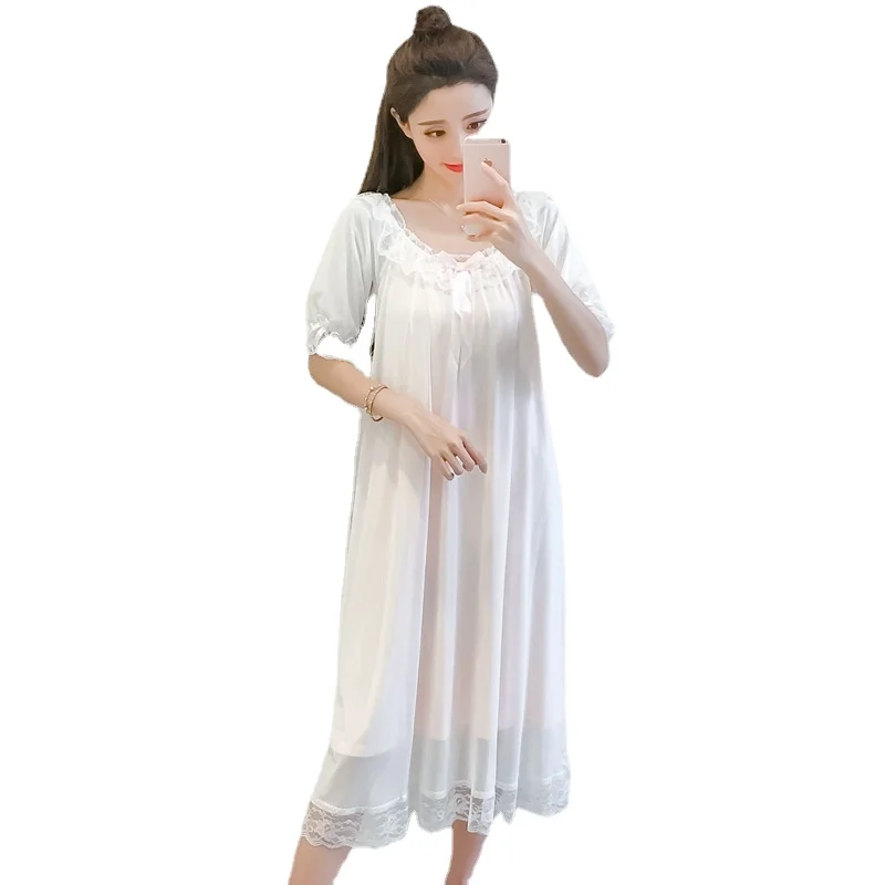 Summer Lace Nightdress Women's Thin Short Sleeve Sweet Ice Fairy Palace Style Sexy Nightgown Homewear Female Sleepwear Nightwear