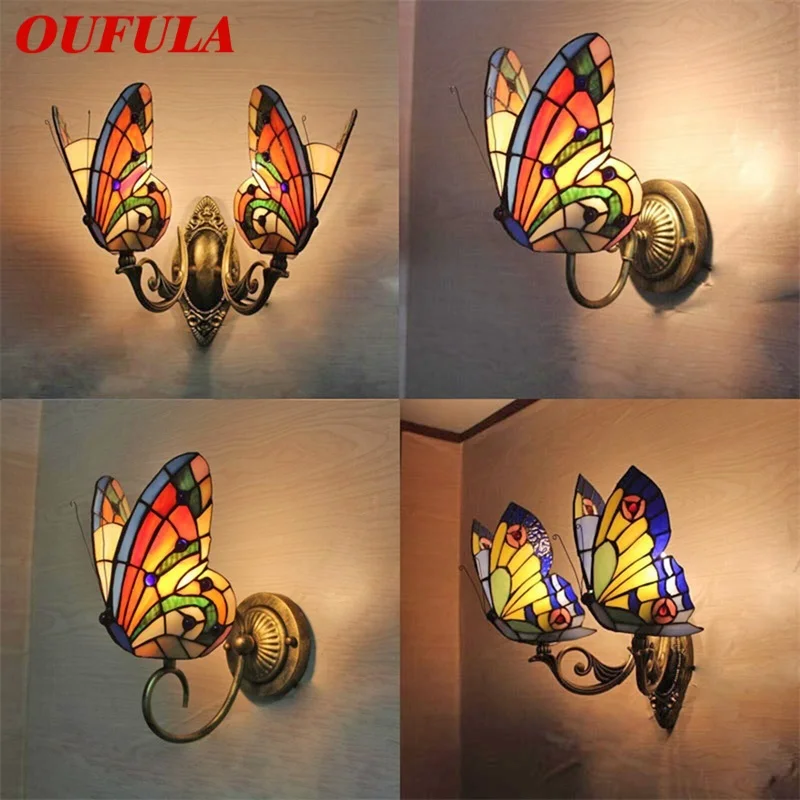 

OUFULA Tiffany Wall Lights Sconces Contemporary LED Butterfly Lamp Indoor Fixture For Home Decoration