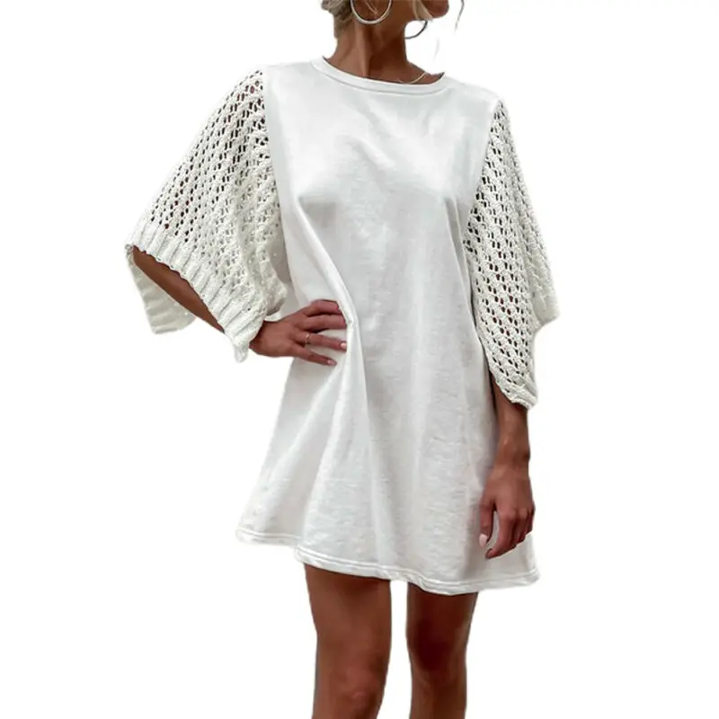 

Womens Summer Dress Lady Casual Mini Dresses Solid Color Fashion 2021 Ladies Hollow Out Clothes for Female Daily Wear Sundress