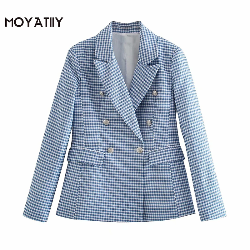 

MOYATIIY Women 2021 Fashion Blue Plaid Blazer Coat Vintage Office Ladies Long Sleeve Coats Female Tops Overcoats
