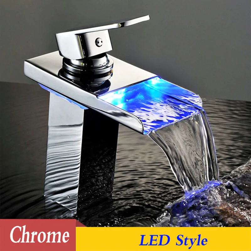 Chrome LED POIQIHHY Водопад кран Led хром латунь Ванная раковина кран на бортике смеситель Носик раковина кран - Цвет: Chrome LED