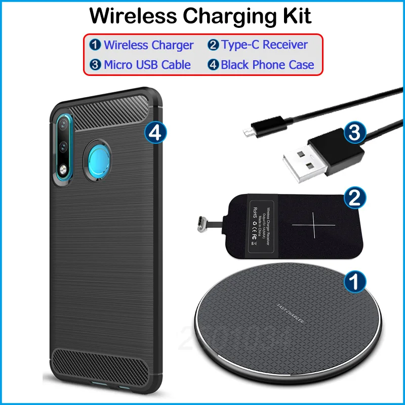 

Wireless Charging for Huawei P30 Lite Qi Wireless Charger+USB Type C Receiver Adapter Gift Soft TPU Case for Huawei P30 Lite