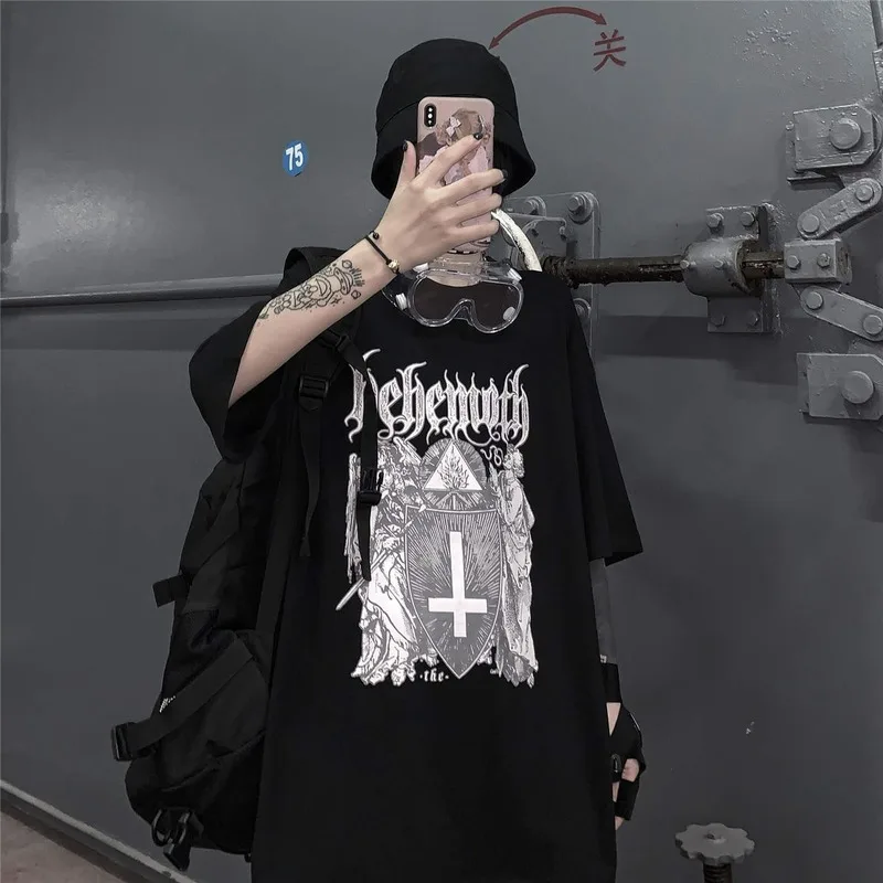 

QWEEK Mall Goth Tops Graphic Tees Women 2021 Summer Gothic Punk Rock Tshirts Japanese Streetwear Women Black Long Sleeve Tops