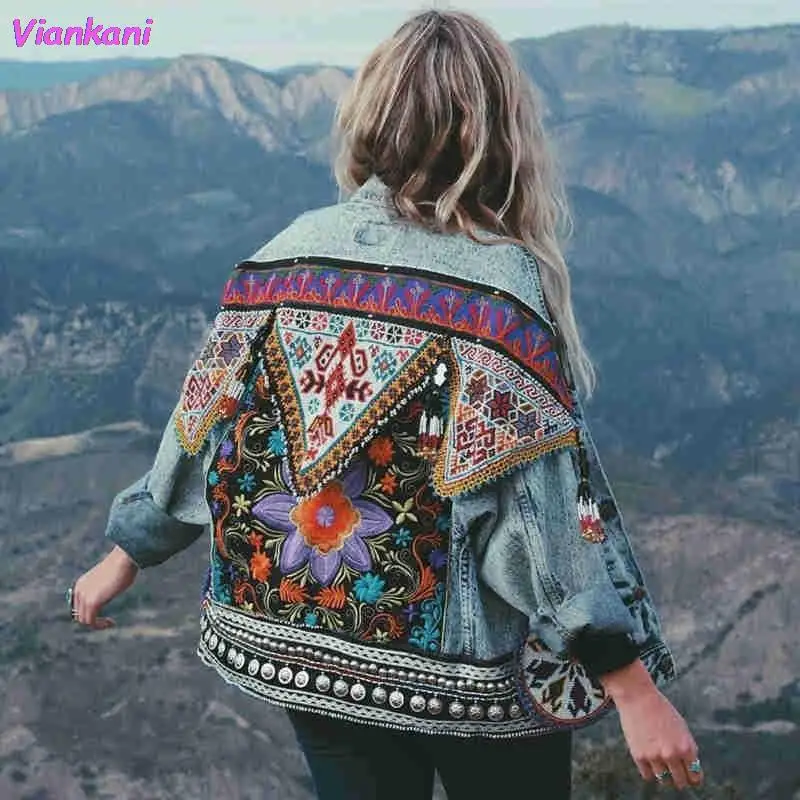 

Jacket Women's 2021 Boho Denim for Women Floral Appliques Embroidery Vintage Coat Long Sleeve Outerwear Female Jacket Coatee