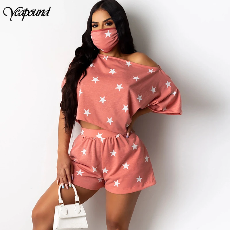 

Summer Sexy Strap Sets Women O Neck Stars Printed Two Piece Set Female Loose T-shirt And Short Pants 2 Piece Set Outfits