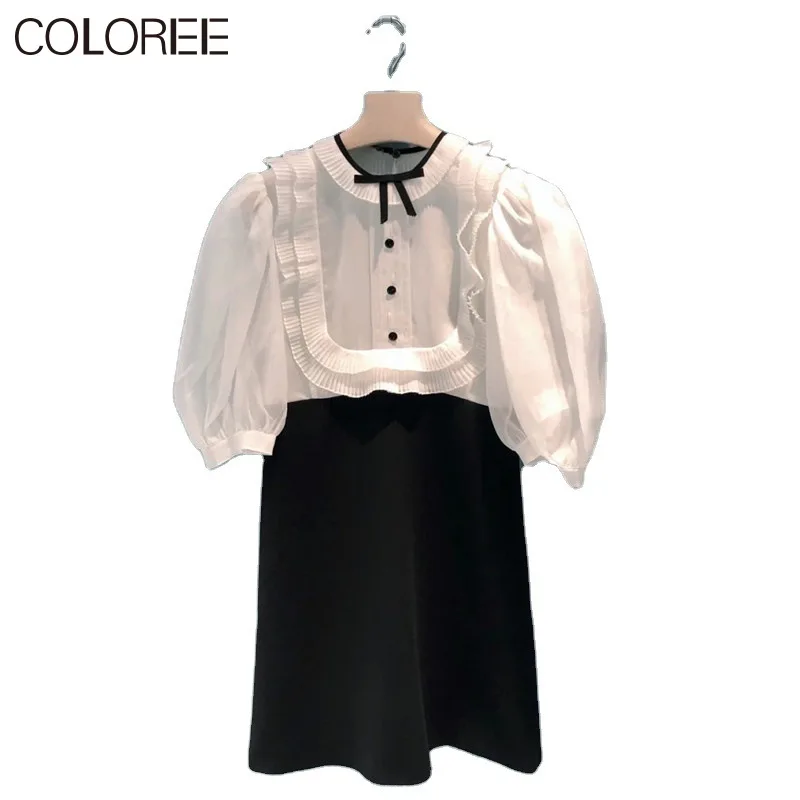

Vintage Puff Sleeve Ruffles Mini Dresses for Women 2020 Summer Korean Fashion Ladies A-line Patchwork Slim Office Dress