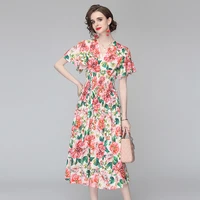 floral print dresses women ruffle short sleeve v neck slim summer beach midi dress female boho medium long elastic waist dress