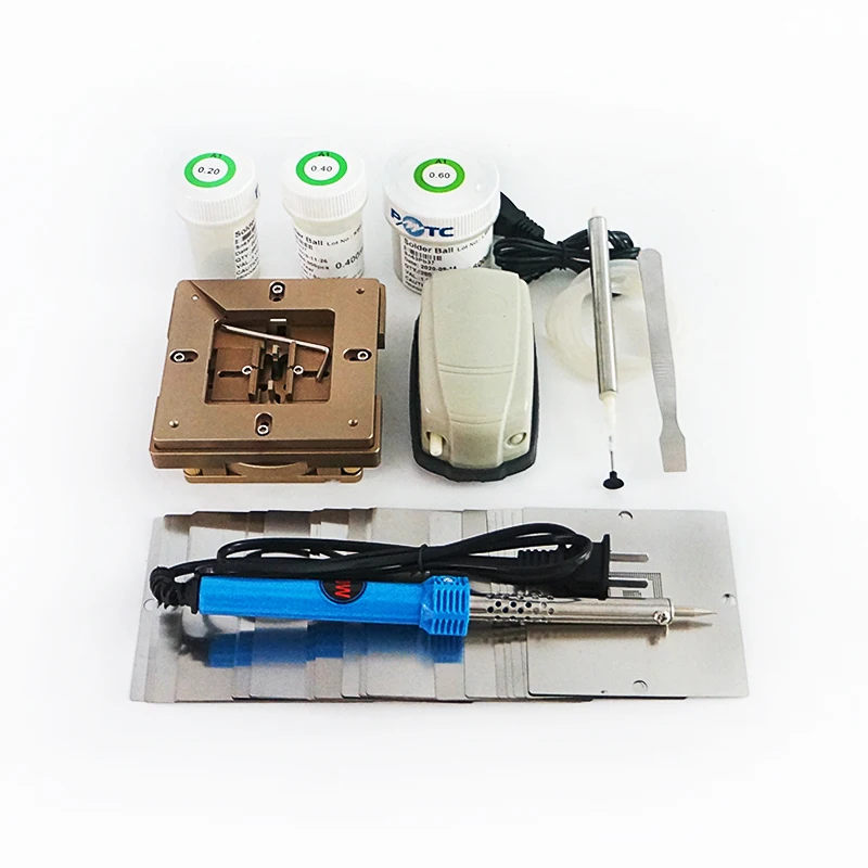 

80MM 90MM BGA universal reballing Station jig 36pcs stencils tin solder ball 250K bottle Electric soldering iron 40W Scraper