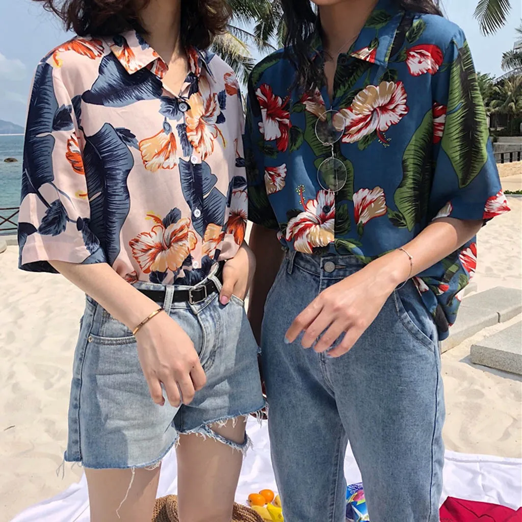

JAYCOSIN Summer Style Clothes T-shirt Women Retro short-sleeved Plant Printed Loose Lapel Tshirt Casual Fashion Summer Top Trend