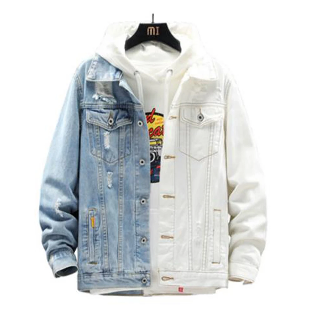 

Куртка мужская из денима с длинным рукавом, рваная теплая Повседневная Верхняя одежда, цветные блоки, Осень-зима