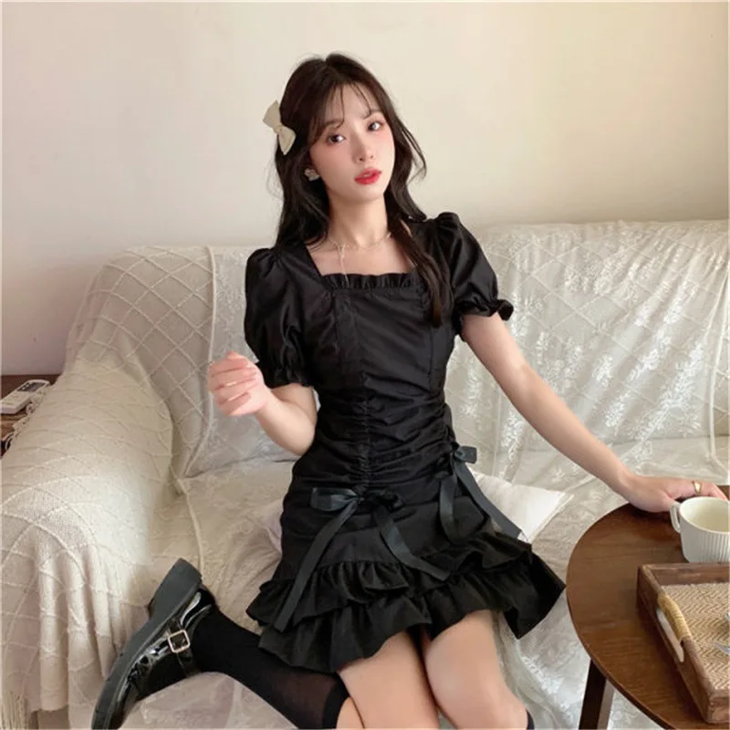 

ELIJOIN Summer Women's Dress Collar Bubble Sleeve Pleated Skirt Temperament Hepburn Style Black Skirt Casual Women's Dresses