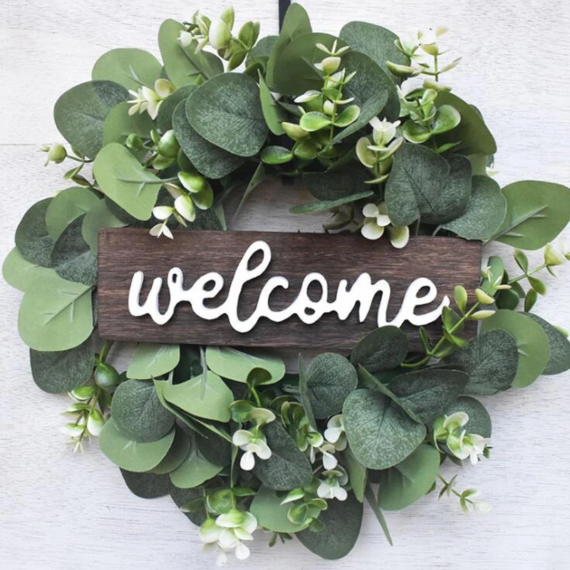 

Simulation Wreath Welcome Sign Leaf Wreath Door decoration Pendant Hanging Garlands Simulation eucalyptus wreath Home Decoration