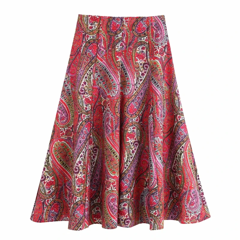 Женская винтажная юбка миди с принтом пейсли Повседневная широкая на молнии
