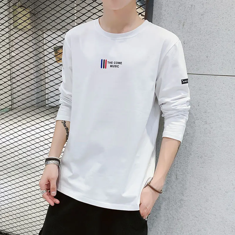 

New men's cotton long-sleeved T-shirt casual simple and versatile solid color large size round neck black and white top 2021