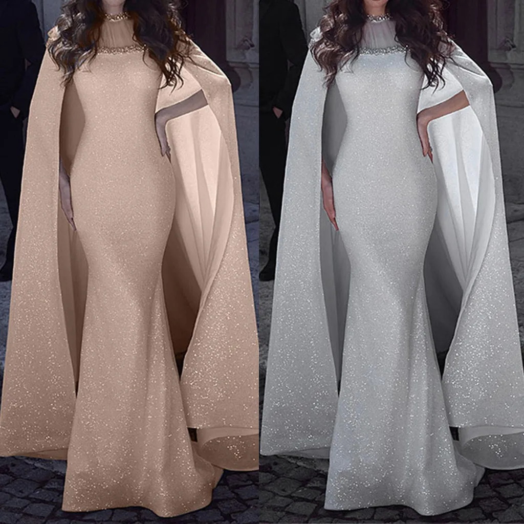 Серебристая накидка платье с рукавом женские вечерние платья большая шаль подол