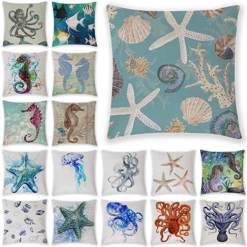 

18" Sea Animal Cotton Linen Pillow Case Sofa Bedroom Office Guestroom Seat Cushion Cover Fashion Retro Home Decoration
