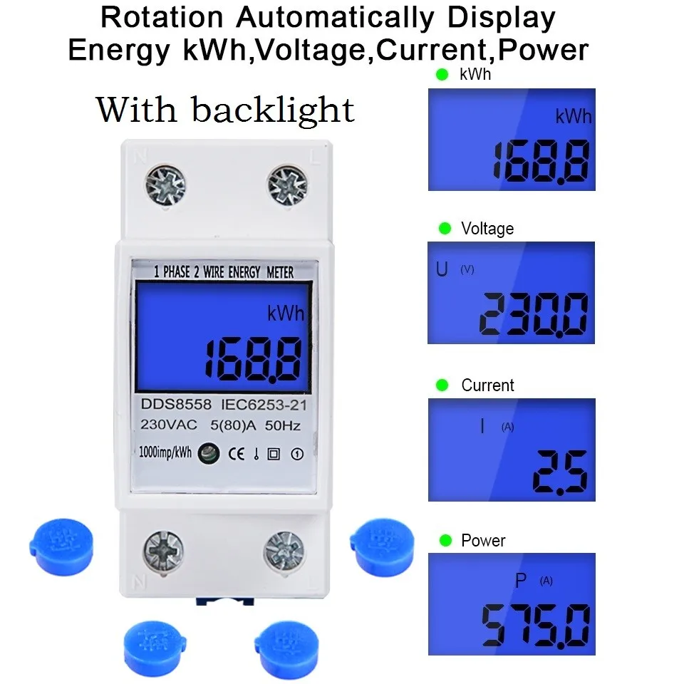 

Digital Wattmeter AC 230V 5(80)A Power Energy Meter Din Rail KWH Voltage Current Meter Backlight With Reset Function