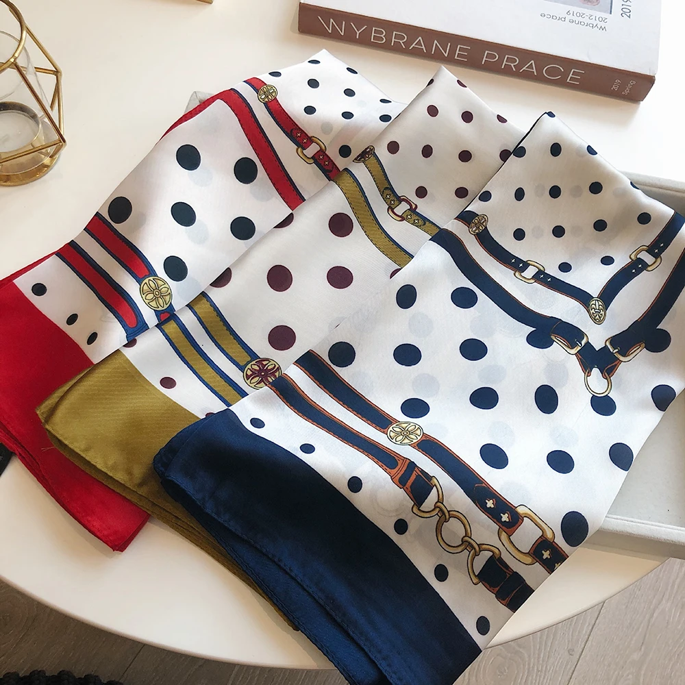 

70x70cm Silk Scarf Women Retro Fashion Printed Scarves Hair Tie Polka Dot Stripe Print Small Square Scarf Headwear Neckerchief