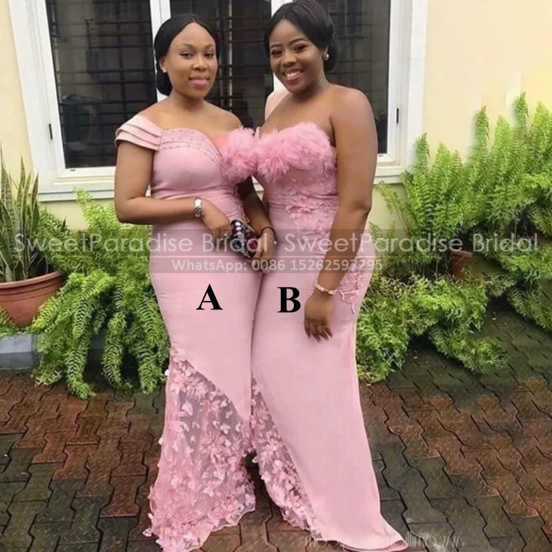 

Pink Floral Appliques Bridesmaid Dresses Mermaid Long Sheer Lace Ruffles Off Shoulder Prom Dress Wedding Party For Women