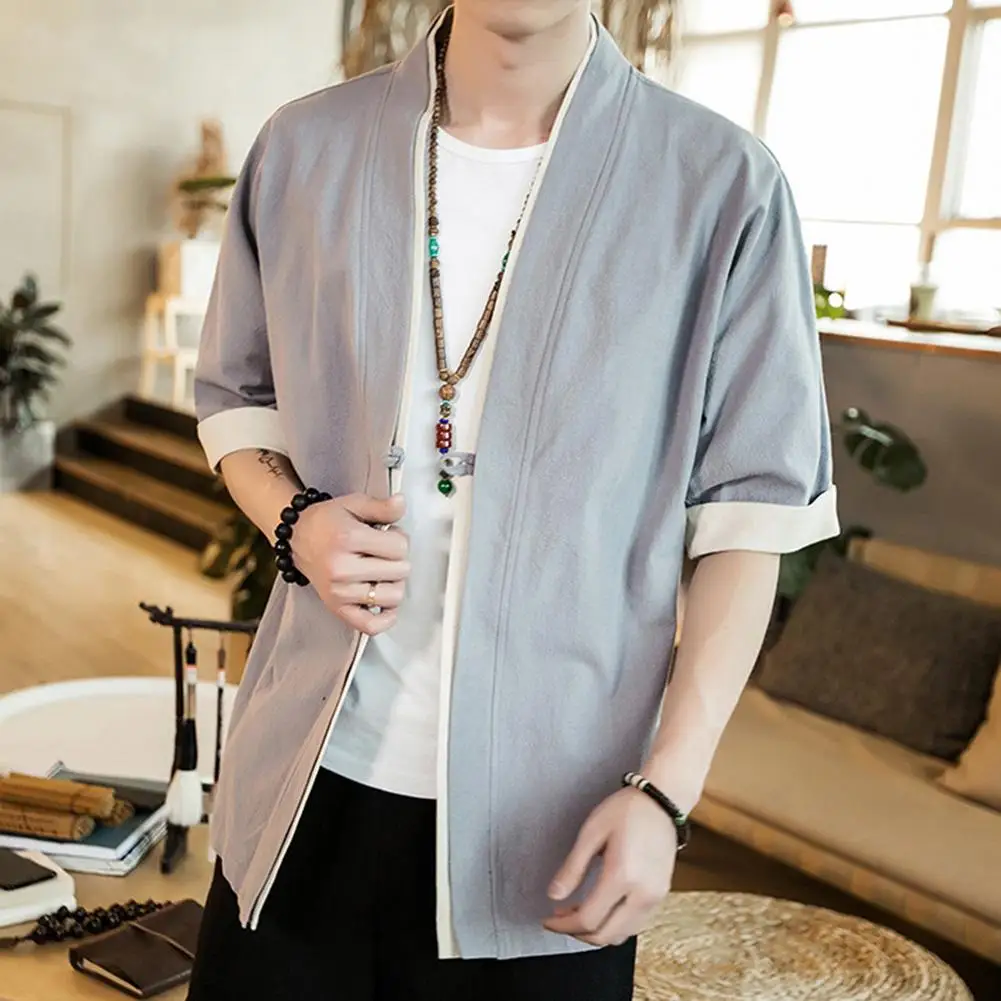 

Plus Size Men Linen and Spandex Color Block Short Sleeve Button Loose Kimono Blouse Coat men jacket
