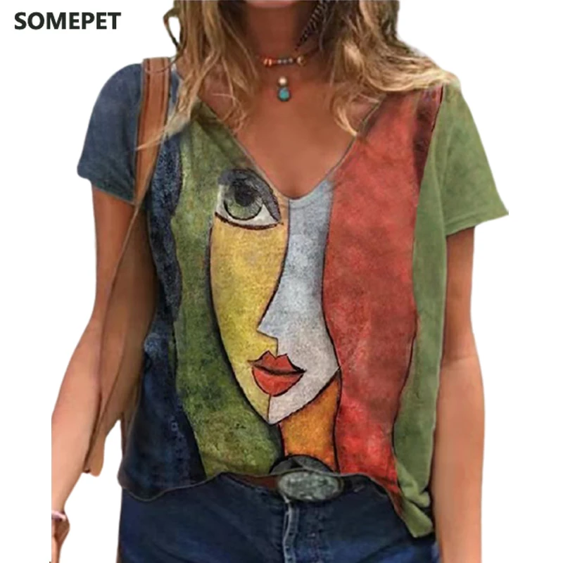 

Футболка женская оверсайз с V-образным вырезом, повседневный Свободный Топ с принтом, винтажная уличная одежда с коротким рукавом, на лето