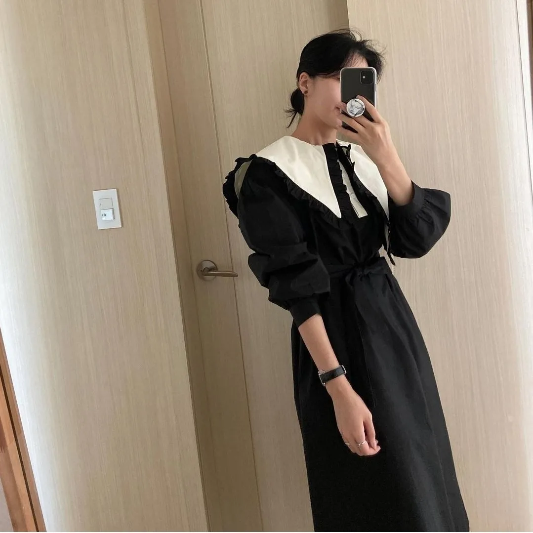 

Korean Chic Niche Design Matching Color Matching Wooden Ear Asymmetric Lapel Loose Western Style Lace-up Waist Dress