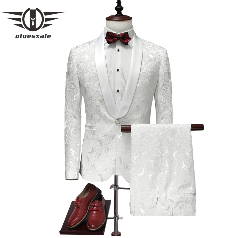 Plyesxale Suit Men 2021 Latest Coat Pant Designs White Wedding Tuxedos For Slim Fit Mens Printed Suits Brand Clothing Q315 | Мужская - Фото №1