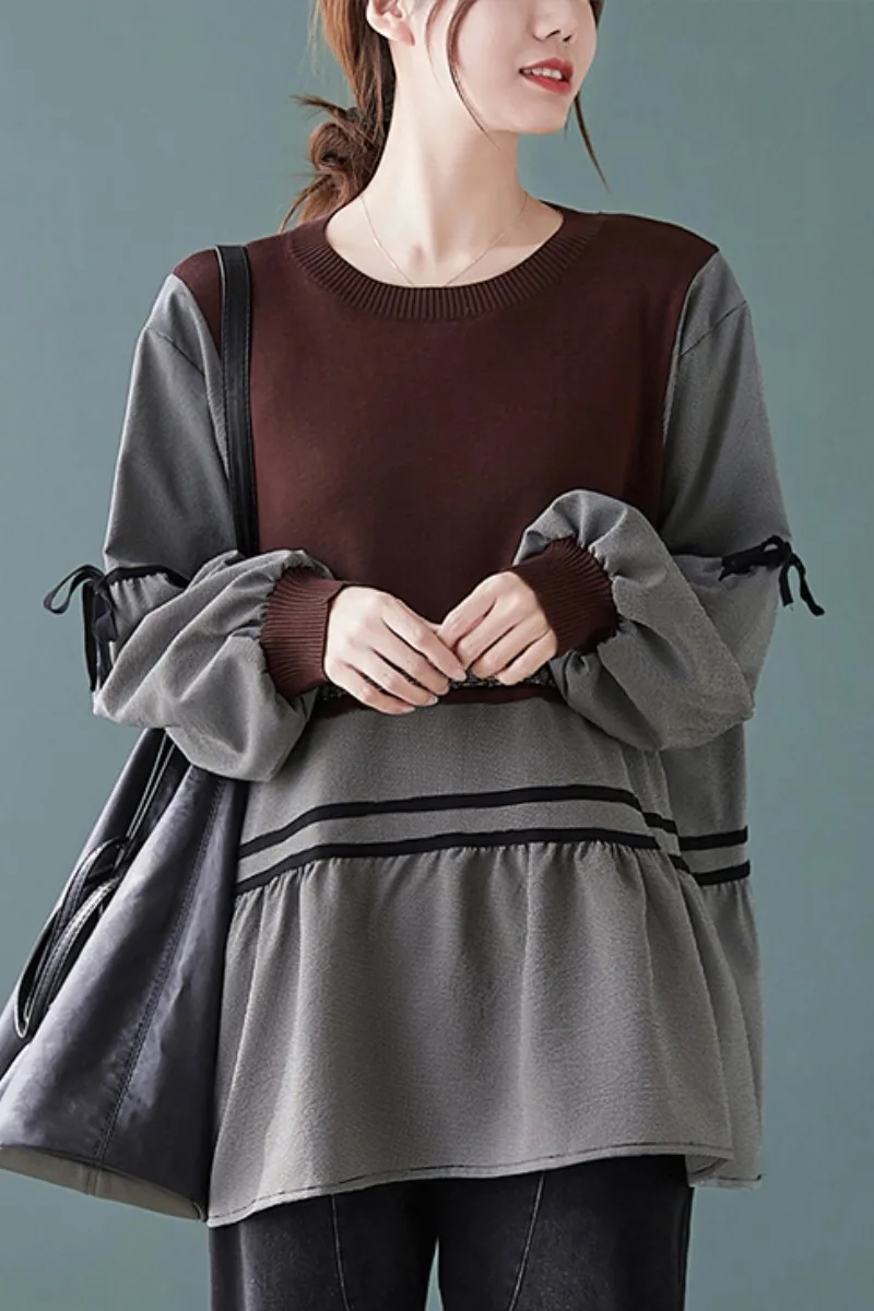 

LZMONE Baby Shirt Top Large Women's Spring Loose Lantern Sleeve Knitted Plaid Fake Two-piece Blouse