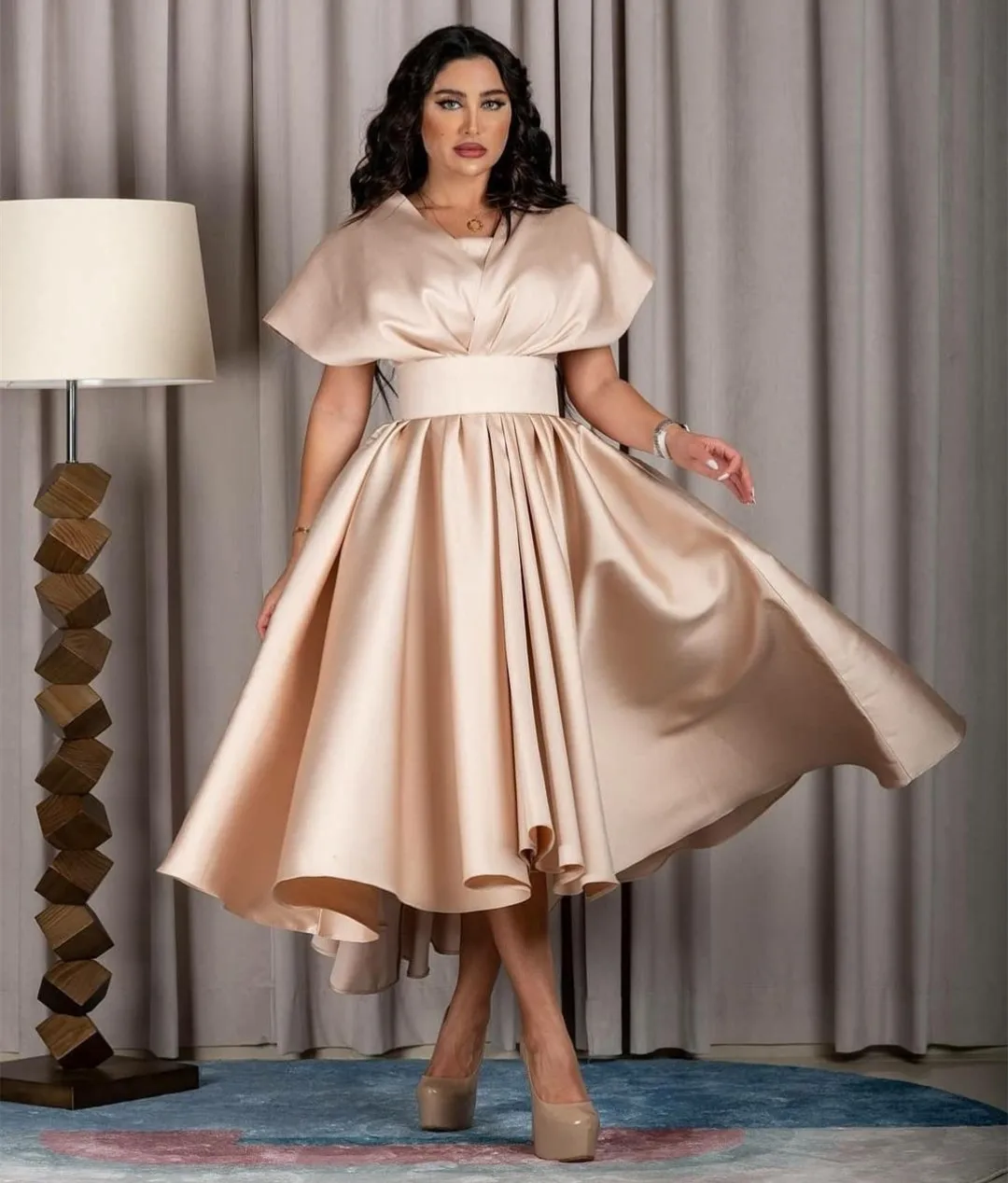 

Short Champagne Muslim Evening Dresses With Pockets A-Line Pleated Zipper Back Tea Length Robe De Mariée Party Gowns For Women