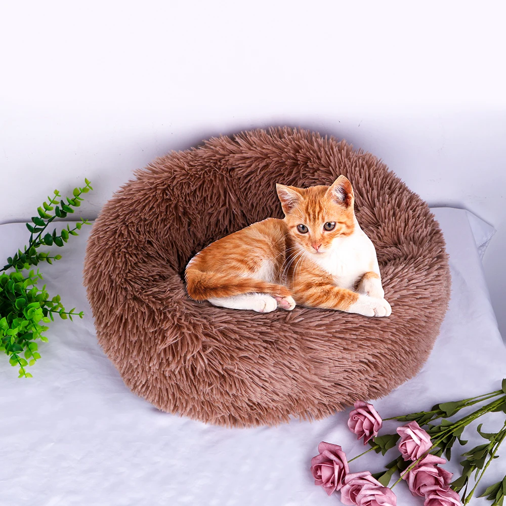 

Круглая кровать для кошек, зимняя теплая спальная кровать для маленьких собак, кошек, гнездо, товары для кошек, коврик для щенков, мягкая дли...