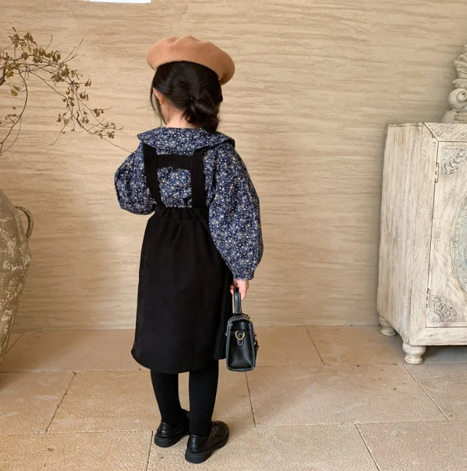 

2020 Autumn Winter Girls Clothing Set Floral Tops + Overall Dress Fashion Sweet Girls Clothing Set