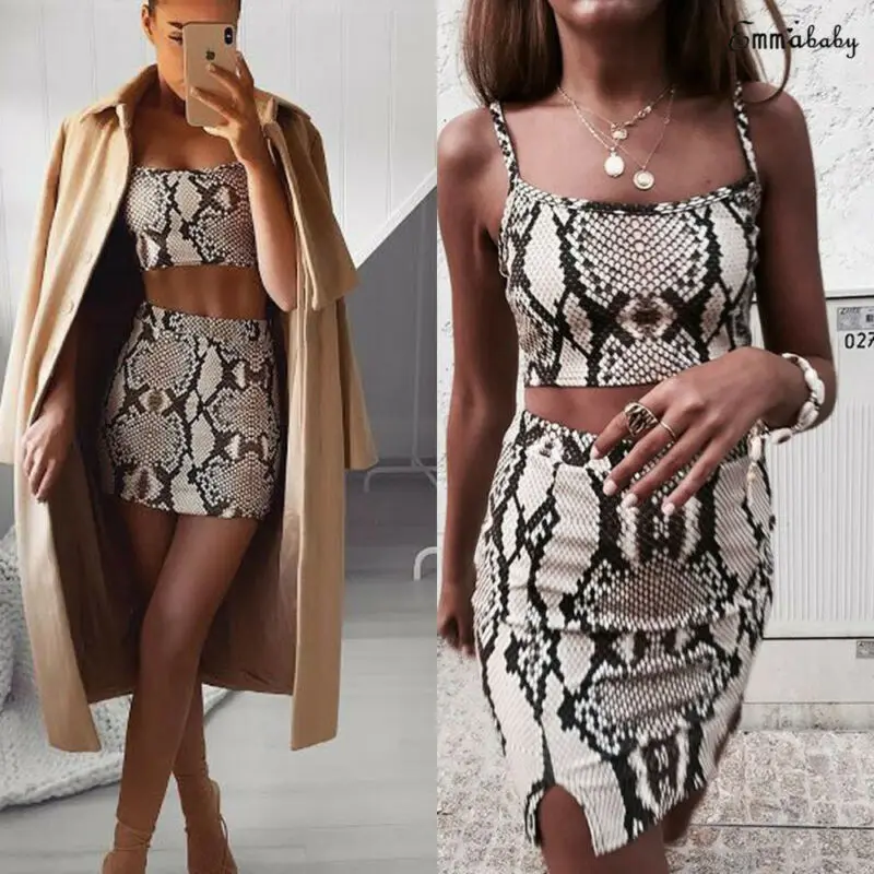 

Sexy Two Piece Set Vintage Snake Skin Print Outfits Women Clothes Two Piece Crop Top Skirt Summer Party Clothing Ladies Outfits