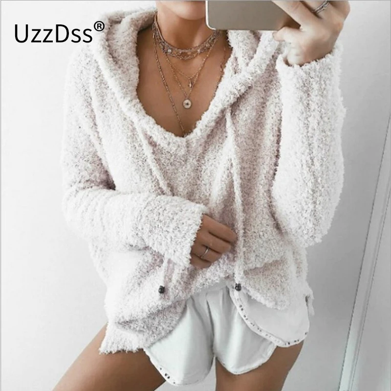 Осенний Топ для женщин 2020 повседневный мохер с капюшоном пуловеры v-образным