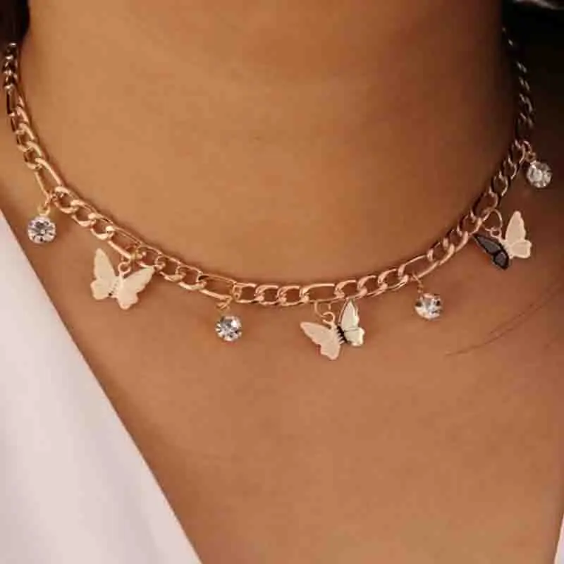 

Boho Butterfly Chain Necklace For Women Gold Color Charm Bling Crystal Choker Necklace Clavicle Link Female Chokers Jewelry