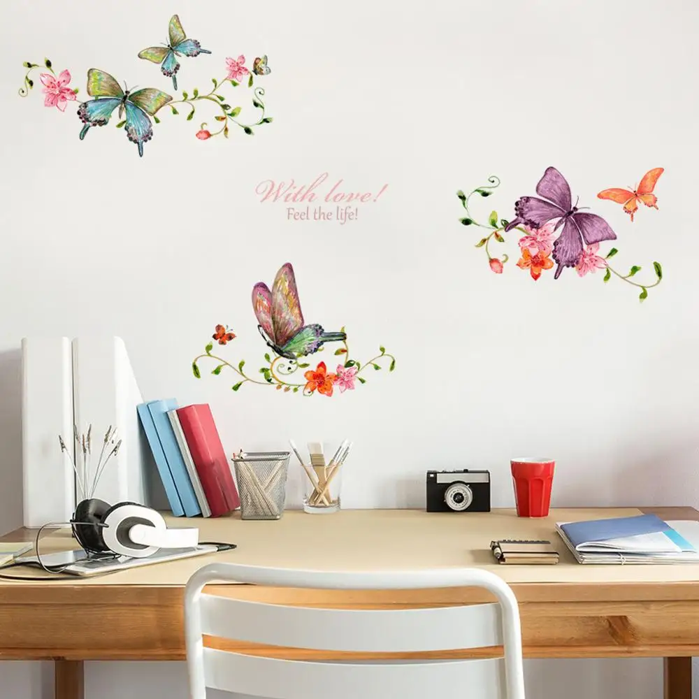 

Butterfly flower vine wall stickers living room showcase door home decoration Mural art Decals background Butterflies stickers