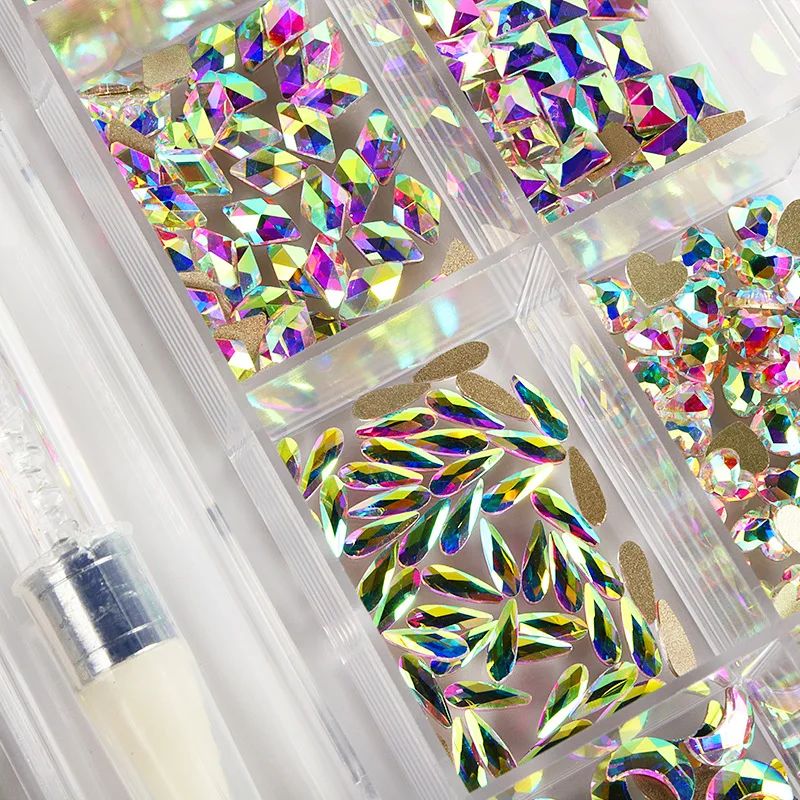 

3100Pcs/Box Mixed AB Glass Crystal Diamond In Grids 21 Shape And SS4-SS20 Flatback Nail Art Rhinestone Set With 1 Pick Up Pen