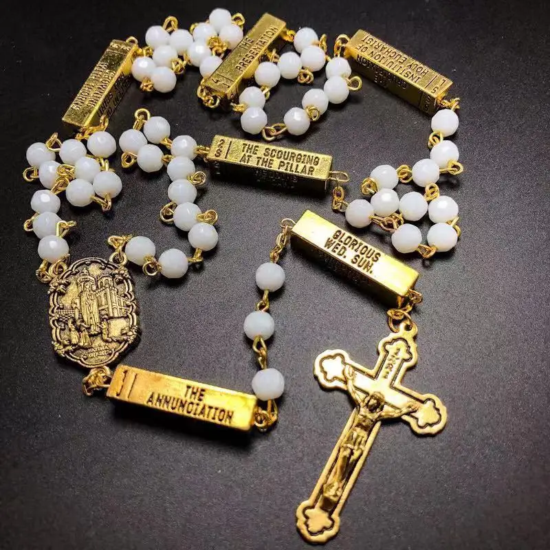 Белый граненый стеклянный Розарий 6 мм религиозный с Фатимой католическое