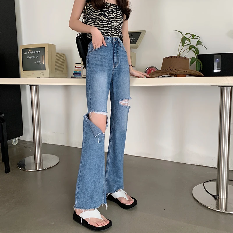 

S-XL summer korean style loose women long denim pants high waist Flare Ripped Denim jeans for womens (78652)