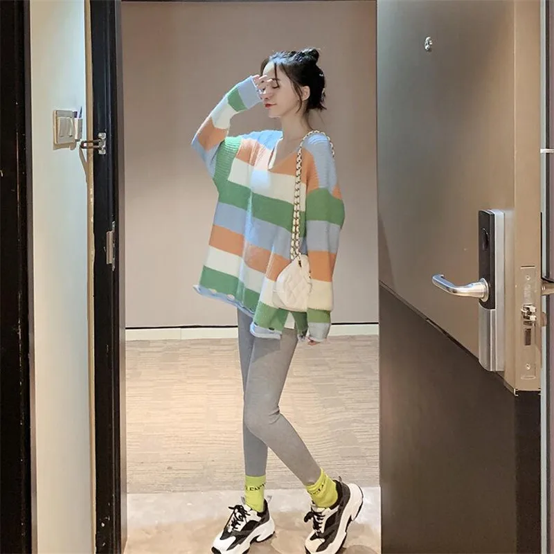 Радужный полосатый Женский свитер 2019 v-образный вырез с длинными рукавами