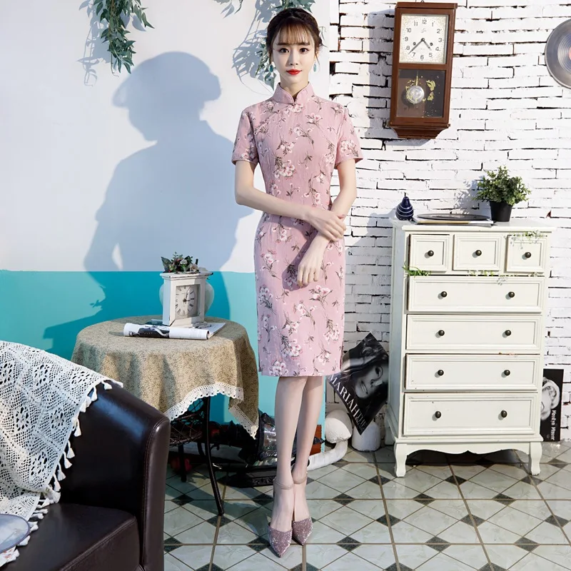 

2020 китайское платье Восточная Женская одежда с коротким рукавом Qipao современный хлопок цветочный принт размера плюс Cheongsam S-XXL